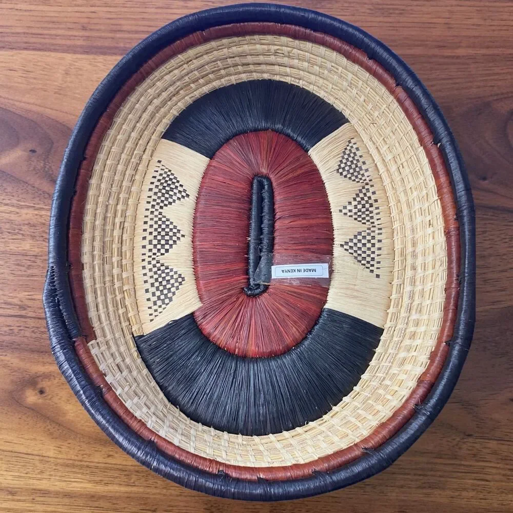 Handmade Kenyan Woven Sisal Basket 11x13 Oval Geometric Boho Bread Bowl Wall Art